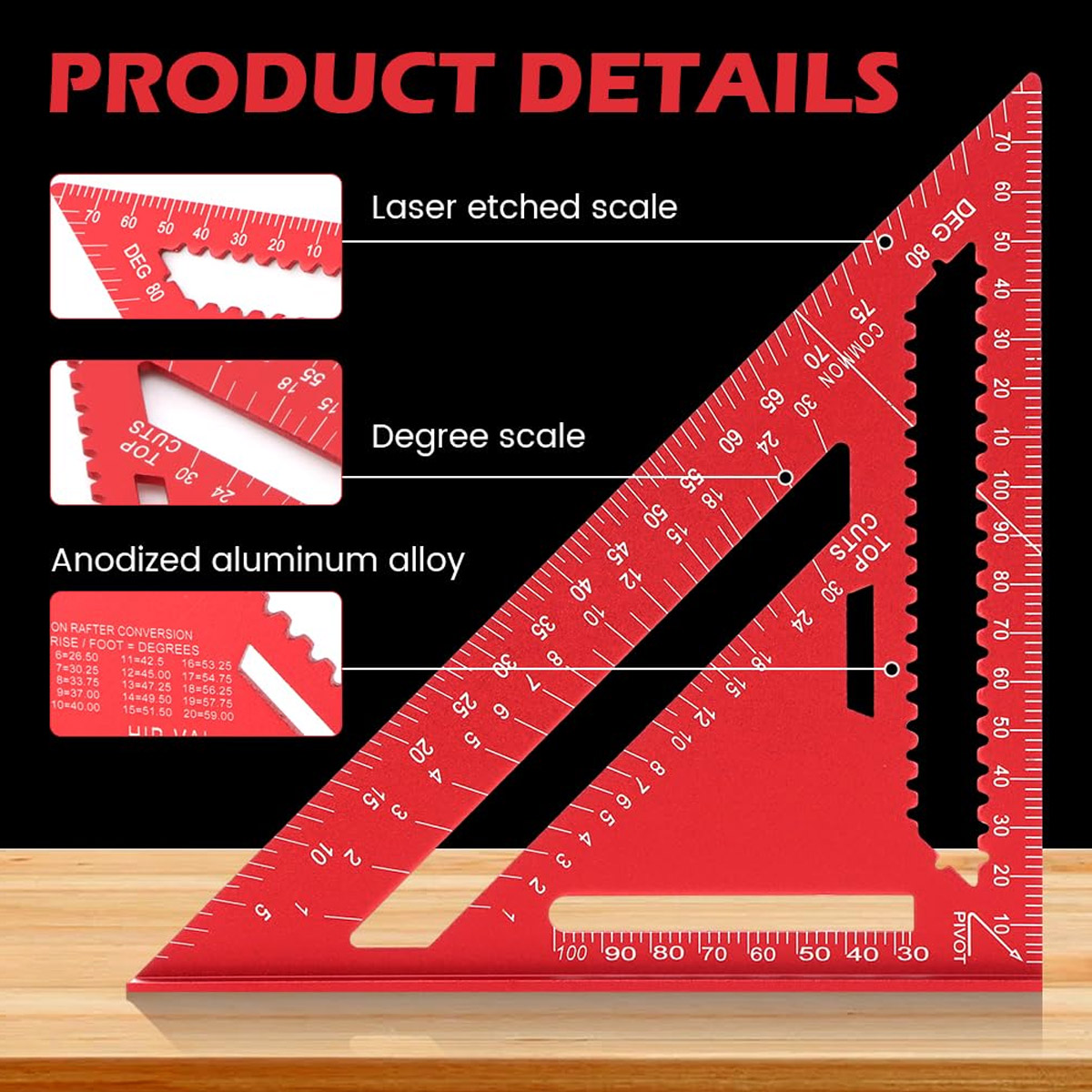 Woodworking Essentials - Aluminium-Legierung Winkellineal Hochpräzises Metrisches Dreiecklineal Holzbearbeitungs-Winkelmesswerkzeug